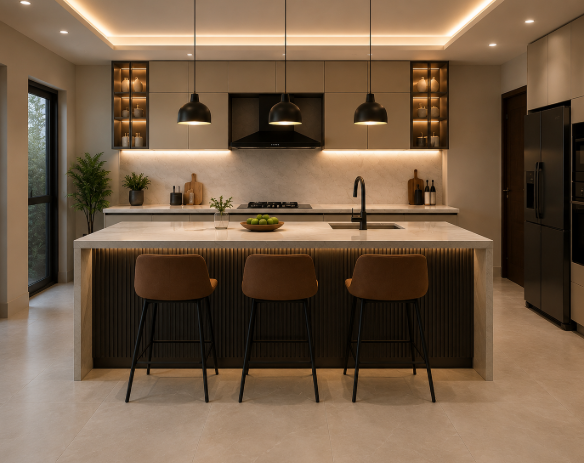 Premium Contemporary Island Kitchen Design with Soft Beige Cabinetry, LED-Lit Display Shelves and Elegant Marble Finish