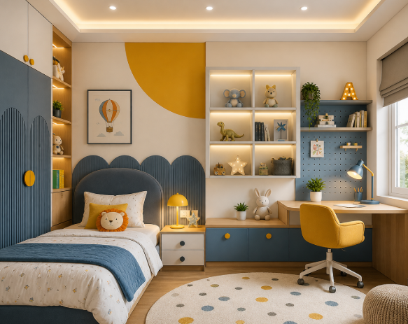 Playful Kid's Bedroom with Colour Blocking, Display Shelves and Study Corner
