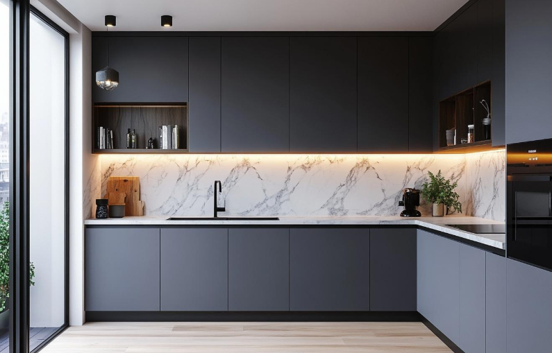 Grey L-Shaped Minimal Kitchen Design With Marble Backsplash Mirrors