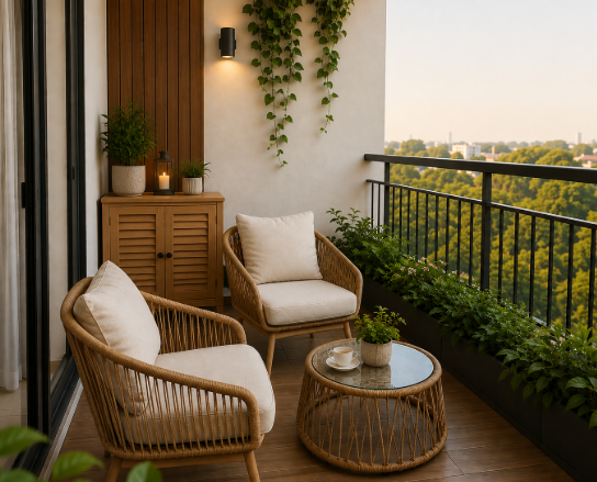 A Modern Nature-Inspired Outdoor Retreat with Cozy Wooden Elegance and Relaxing Balcony Comfort