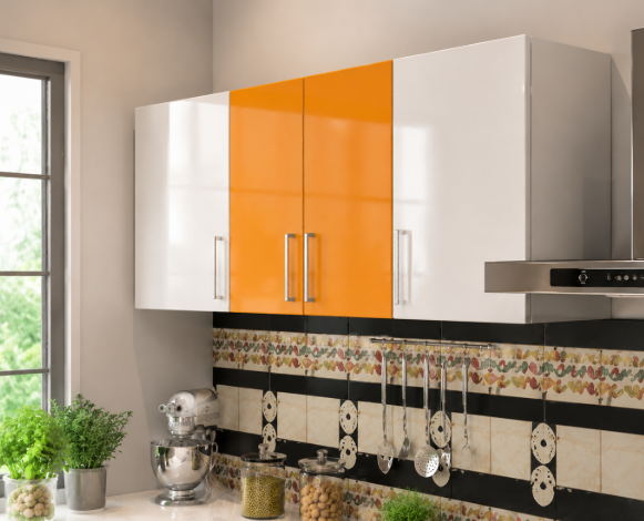 Grey and Orange Modern Eclectic U-Shaped Kitchen Design with Quartz Topdd gallery